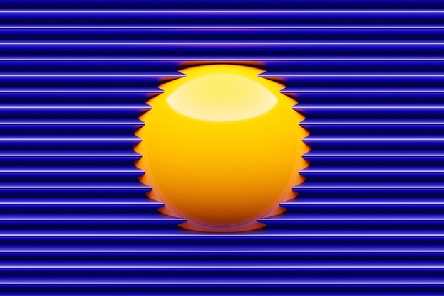 3D illustration of a yellow ball peeking out from a purple wall with horizontal stripes Cyber sphere