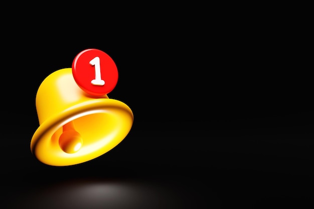 3D illustration of a yellow bell with a new social media reminder notification on black background