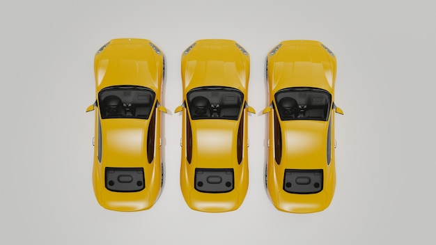 3d illustration of yellow cars on a white surface