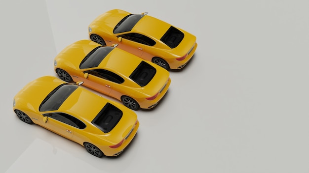 3d illustration of yellow cars on a white surface