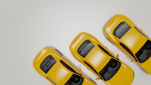 3d illustration of yellow cars on a white surface