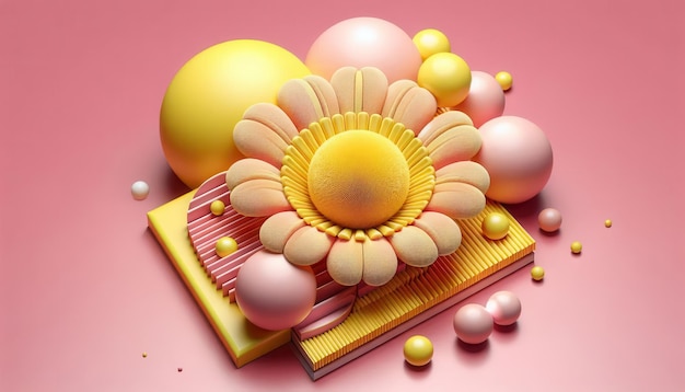 A 3D illustration of a yellow flower with a textured center surrounded by pink and yellow spheres