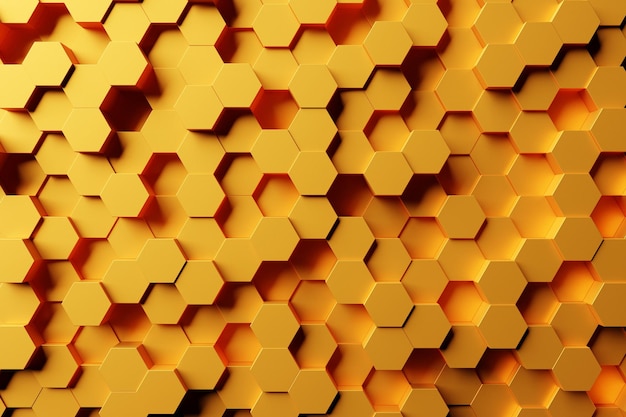 3d illustration of a yellow honeycomb monochrome honeycomb for honey. Pattern of simple geometric hexagonal shapes, mosaic background. Bee honeycomb concept, Beehive