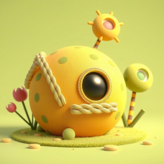 Photo 3d illustration of a yellow sphere with a large eye and a rope around it on a green grass surface