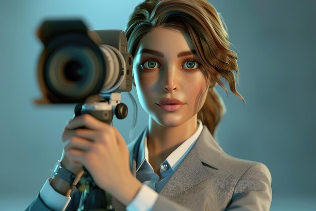 Photo 3d illustration of a young business woman holding a video camera