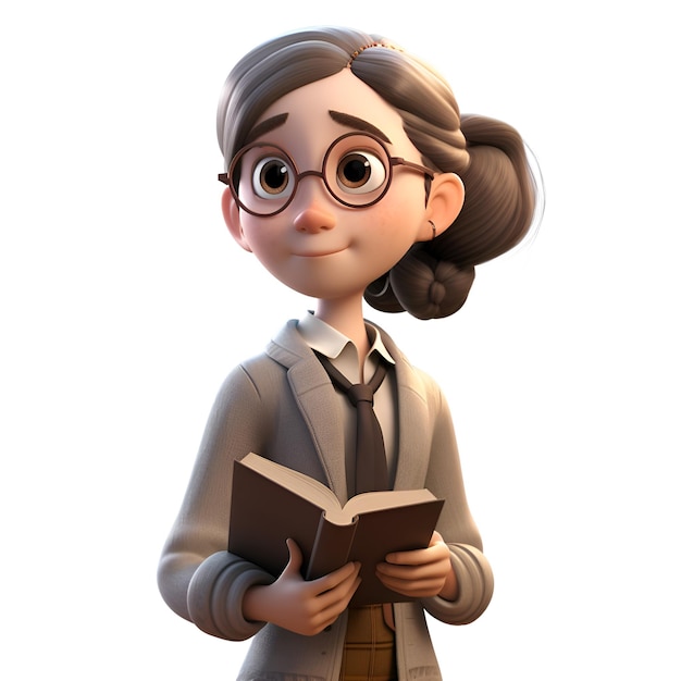 3d illustration of a young business woman with glasses reading a book