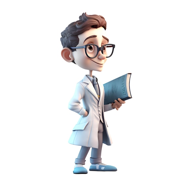 3D Illustration of a young doctor with glasses and a book