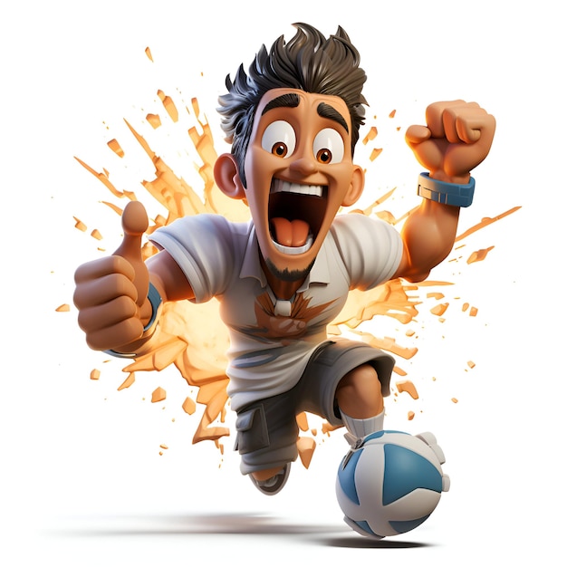 3D illustration of a young man kicking a soccer ball and showing thumbs up gesture