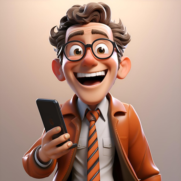 3D illustration of a young man with glasses using a mobile phone