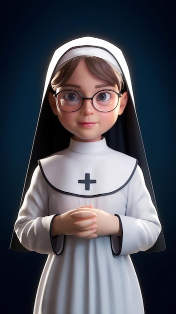 3d illustration of a young nun in a white robe with glasses