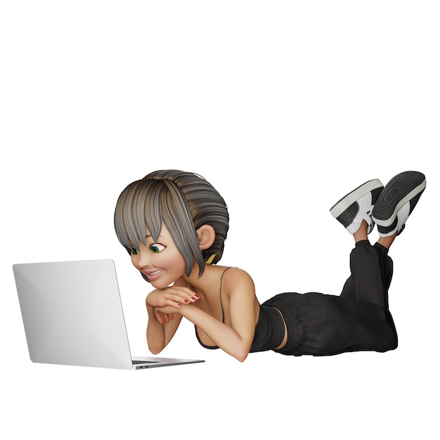 3D illustration Young woman lying on the floor watching laptop