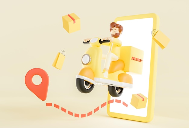 3d illustrationOnline delivery service concept delivery home and office by scooter and motorcycle