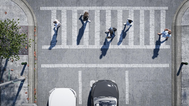 3D illustrationPeople crossing road on crosswalk with traffic lights