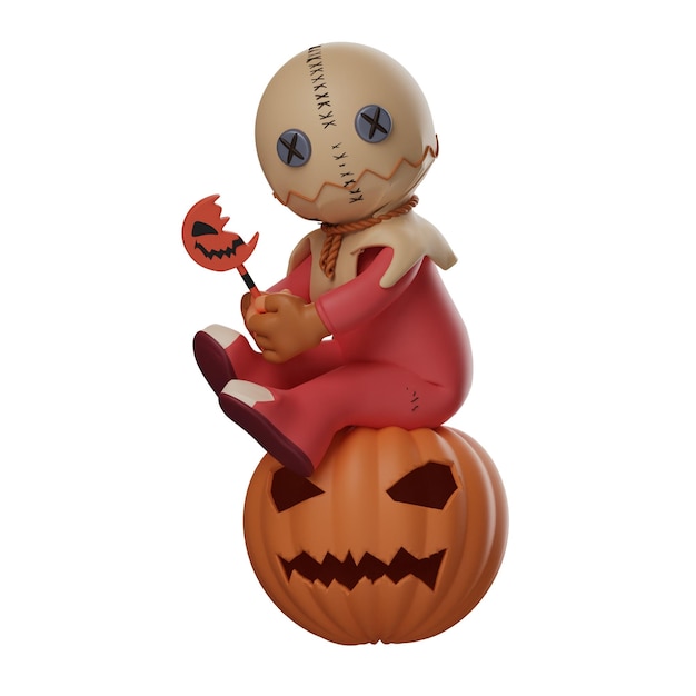 3D Illustrations trick 'r treat Cartoon 3D Illustration sitting giant Pumpkin enjoying lollipop