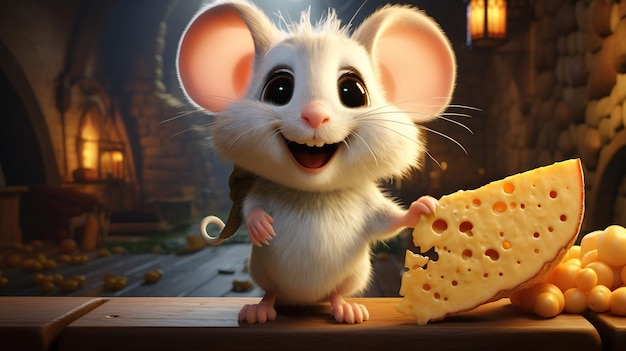 3d illustratoin of cute gray mouse standup with a piece cheese