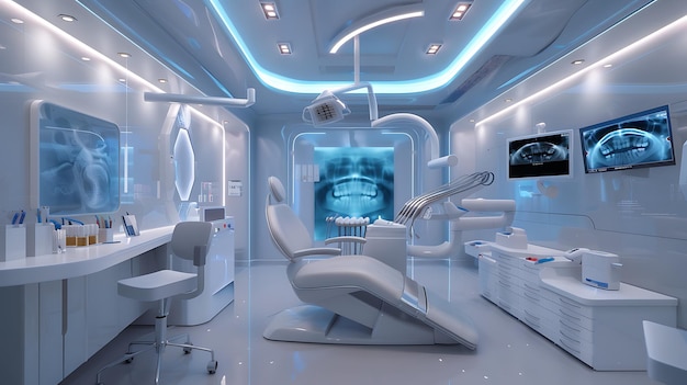 a 3d image of a dental room with a crown on the wall