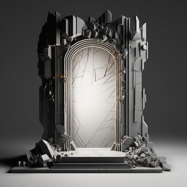 A 3d image of a door with a stone background.