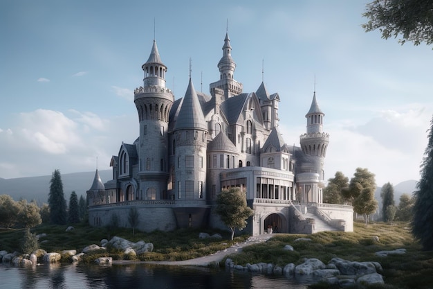 3d image of fairytale castle with a pond and swans a bridge and dense vegetation