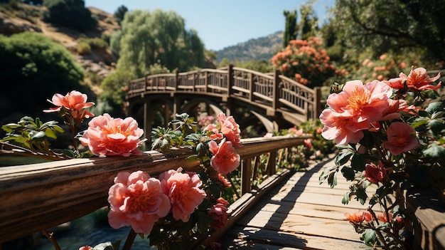 Photo 3d image of flower way and bridge wallpaper