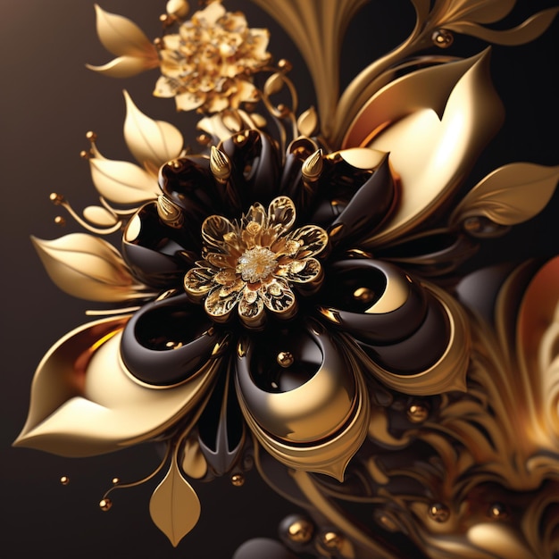 A 3d image of a flower with gold leaves and flowers.