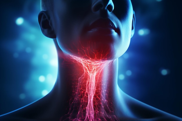 3D image of human head with luminous throat and nasopharynx network muscle activity and flashes on black background Swallowing process neural connections Physical health throat diseases concept