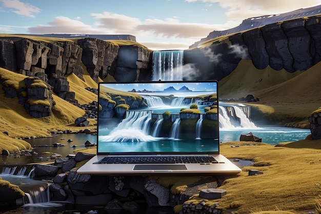 3D image of laptop in iceland with a screen on the 3D waterfall which emerges from the laptop