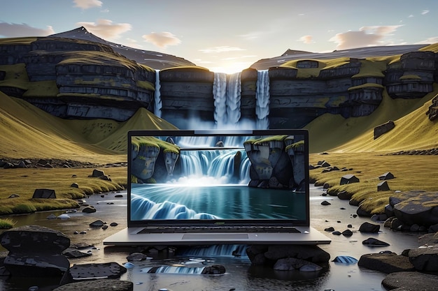 3D image of laptop in iceland with a screen on the 3D waterfall which emerges from the laptop