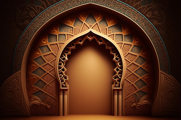 A 3d image of a mosque with a door in the middle.