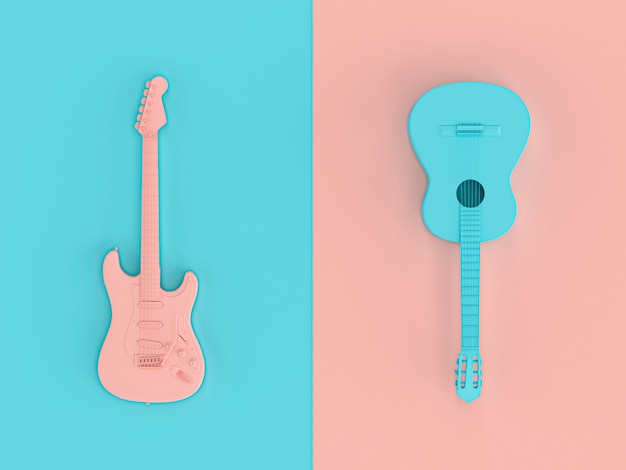 3d image render in style flat lay of two electric guitars 