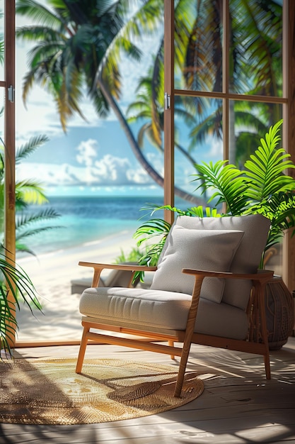 3D image of a resort in a modern interior armchairs by the window view overlooking the beach