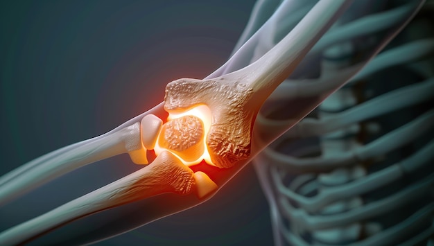 Photo a 3d image shows an elbow joint with red and orange spots generative ai