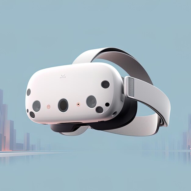 a 3d image of a virtual reality device with a city in the background