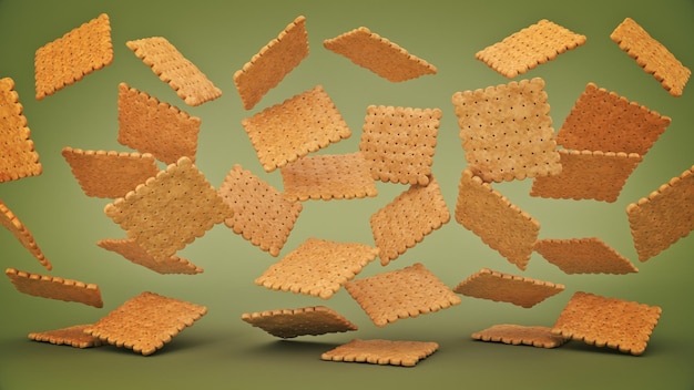 A 3d image of waffles falling from a table.