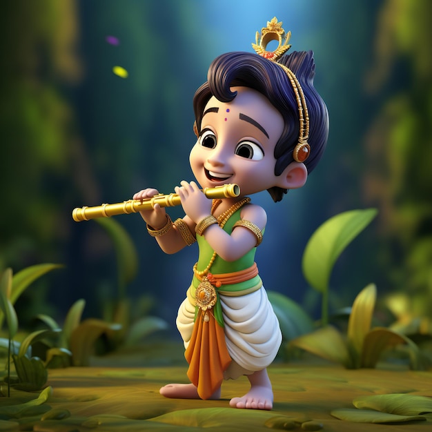 3D Image of Young Krishna Playing the Bansuri