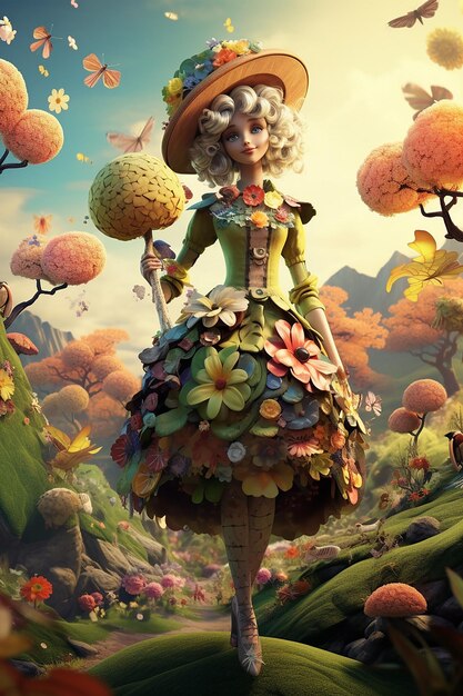 Photo a 3d imaginative illustration of a personified mother nature bringing spring to the land