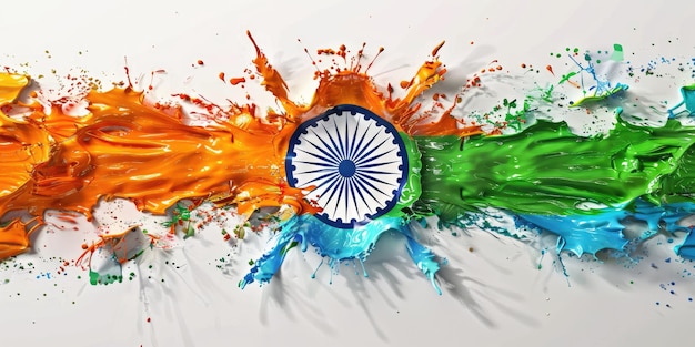 3D Indian flag with splash effect on white background 2048x765 centered in the style of an orange green and blue tricolor paint splatter