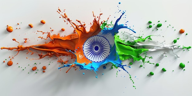 3D Indian flag with splash effect on white background 2048x765 centered in the style of an orange green and blue tricolor paint splatter