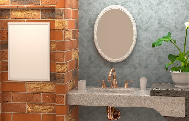 3d interior of the bathroom with concrete wall, flower, abstract  mirror and an empty frame