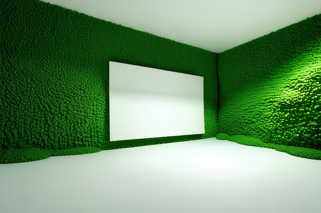 3D interior of an empty room with green plant walls