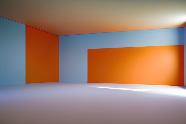 3D interior of an empty room with orange and blue walls