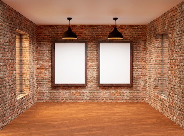 3D Interior with a loft style with mockup on a brick wall Room with windows lamps wooden floor