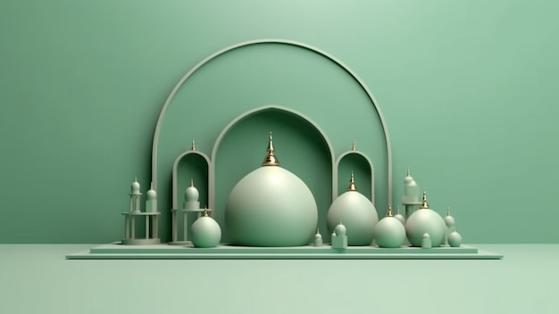 3D Islamic Decoration Green Pastel Background with space