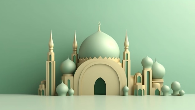 3D Islamic Decoration Green Pastel Background with space