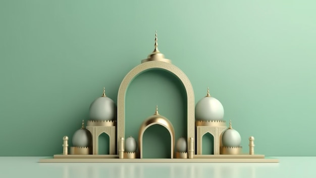 3D Islamic Decoration Green Pastel Background with space