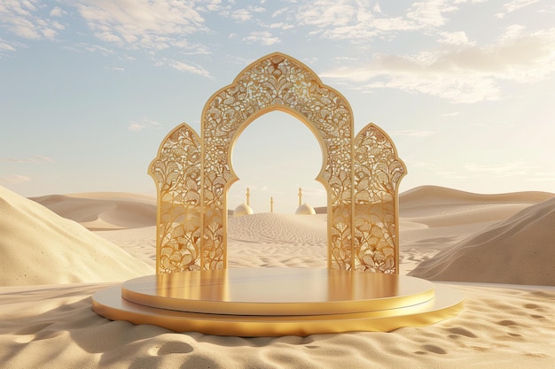 3d islamic display podium with mosque gate background in the sand dunes