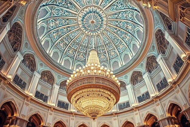 Photo 3d islamic dome interior grand chandeliers intricate patterns on walls