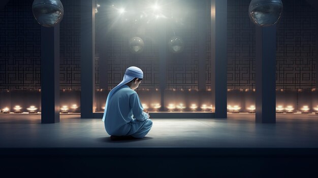 3D Islamic young boy praying before meal at interior