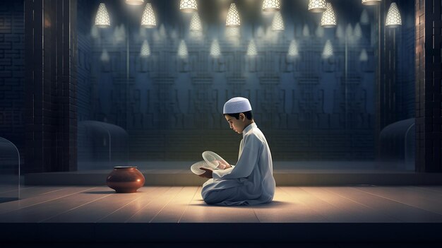 3D Islamic young boy praying before meal at interior