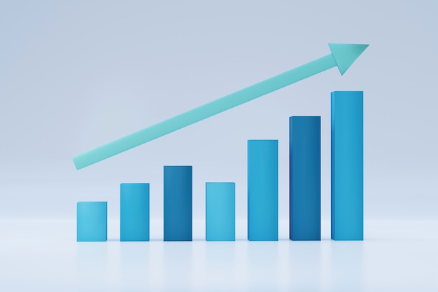 3d isolated bar chart improving business growth concept with uptrend arrow, statistics forecast, financial profit