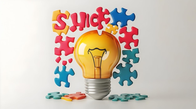 3D Isolated vector of a light bulb and puzzle pieces with the word Solution concept as A vector desi